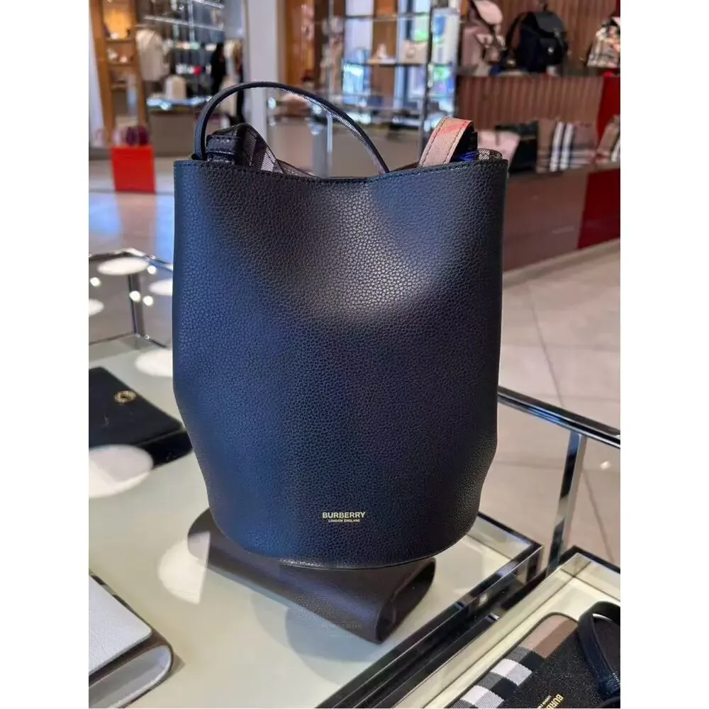 sale ends 9/12 Burberry Black Leather Bucket Bag with Check Strap